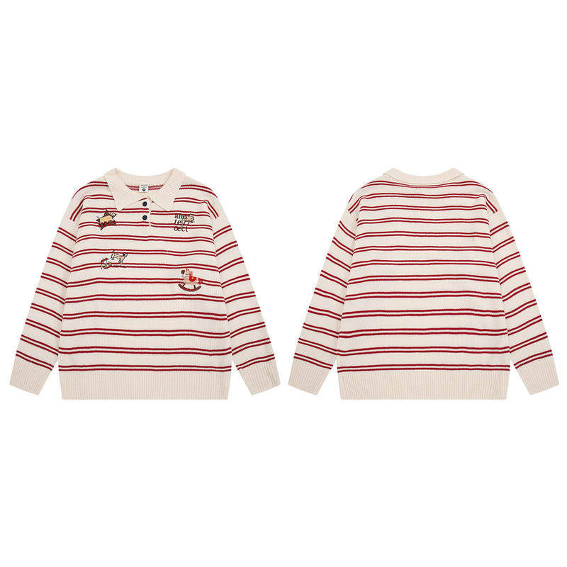 Striped Polo Knit Sweater with Cartoon Embroidery – Relaxed Unisex Pullover