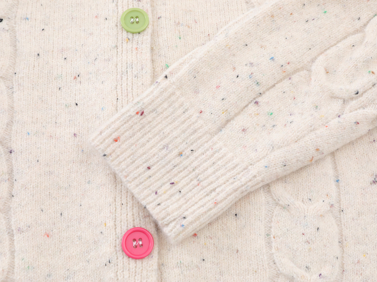 Cable Knit Cardigan Sweater with Cartoon Sport Embroidery & Colorful Buttons