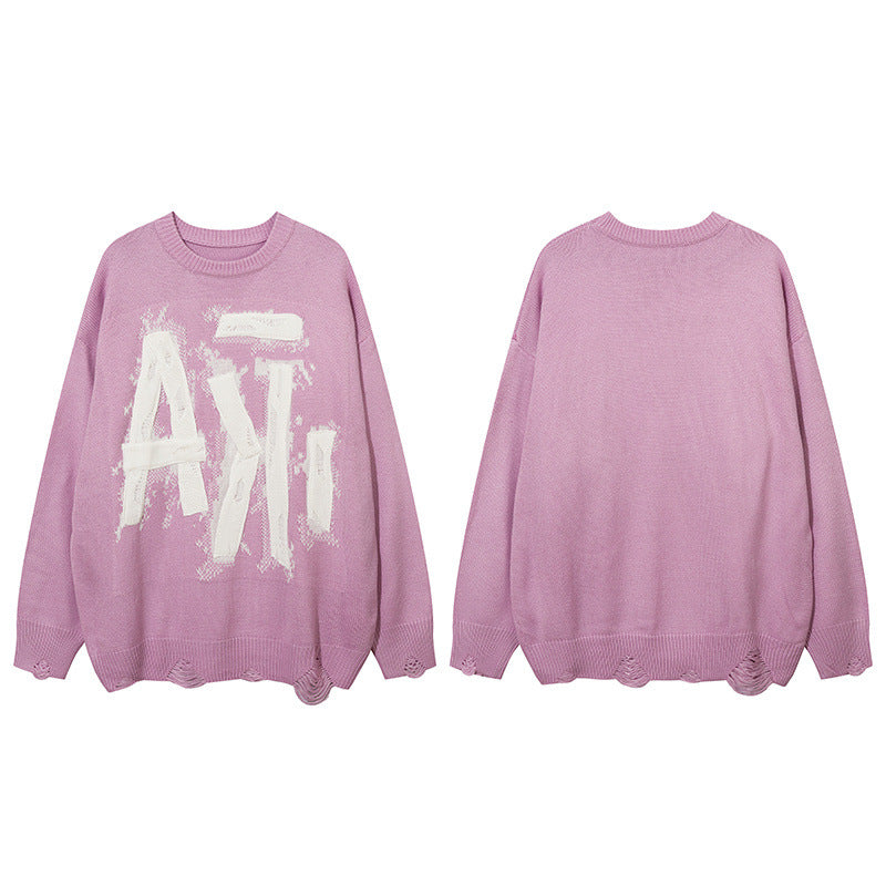 Distressed Knit Crewneck Sweater with Graffiti Letter Appliqué – Oversized