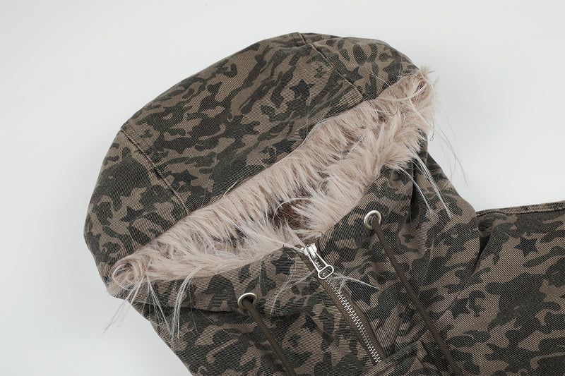 Camouflage Star-Print Padded Bomber Jacket with Faux Fur Hood