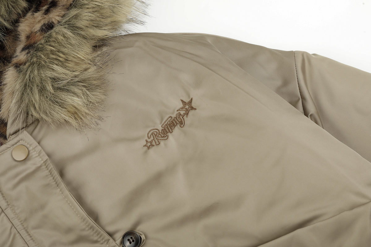 Leopard Print Fleece-Lined Bomber Jacket with Faux Fur Hood
