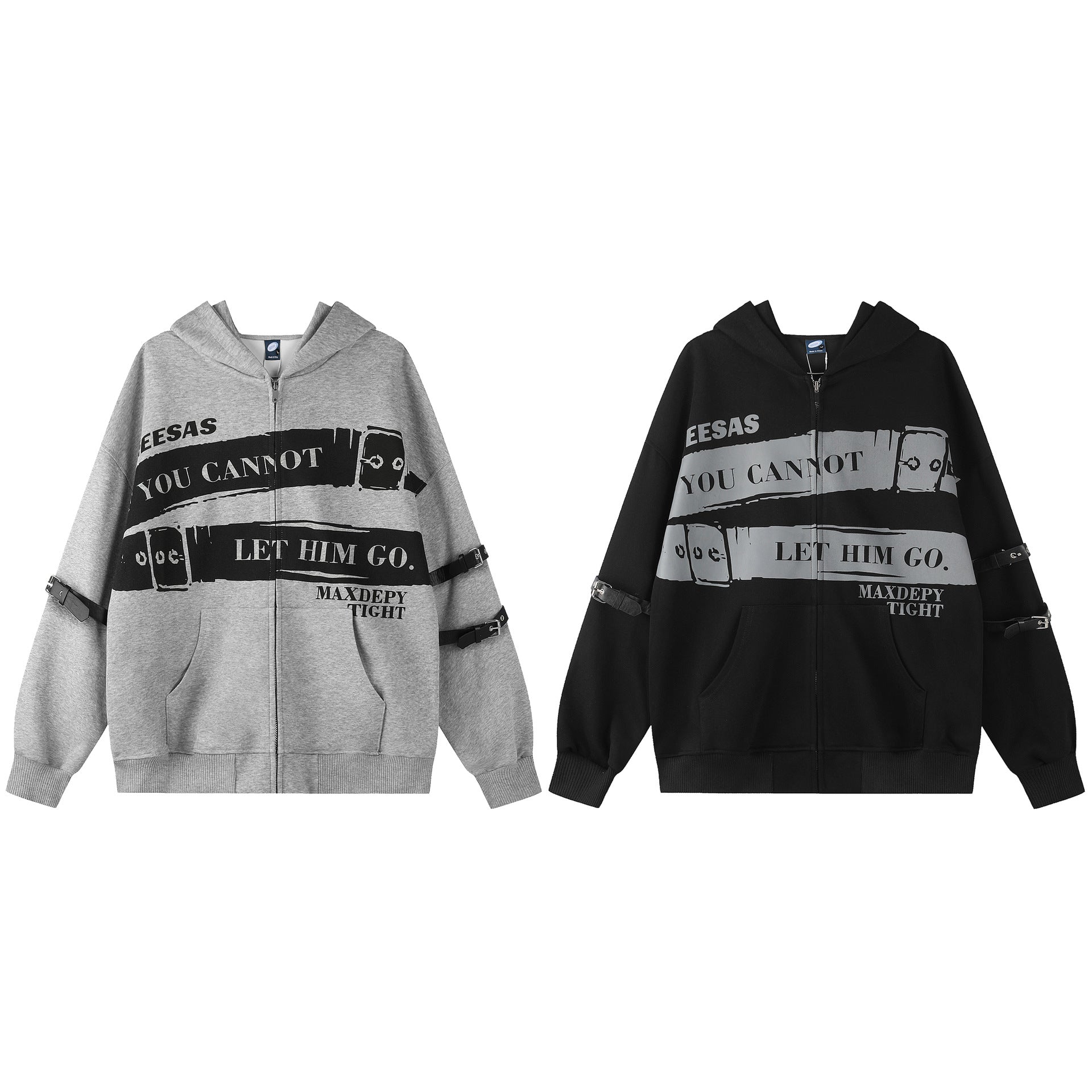 Hoodie zippé intégral avec sangles à boucles en similicuir punk et imprimé graphique