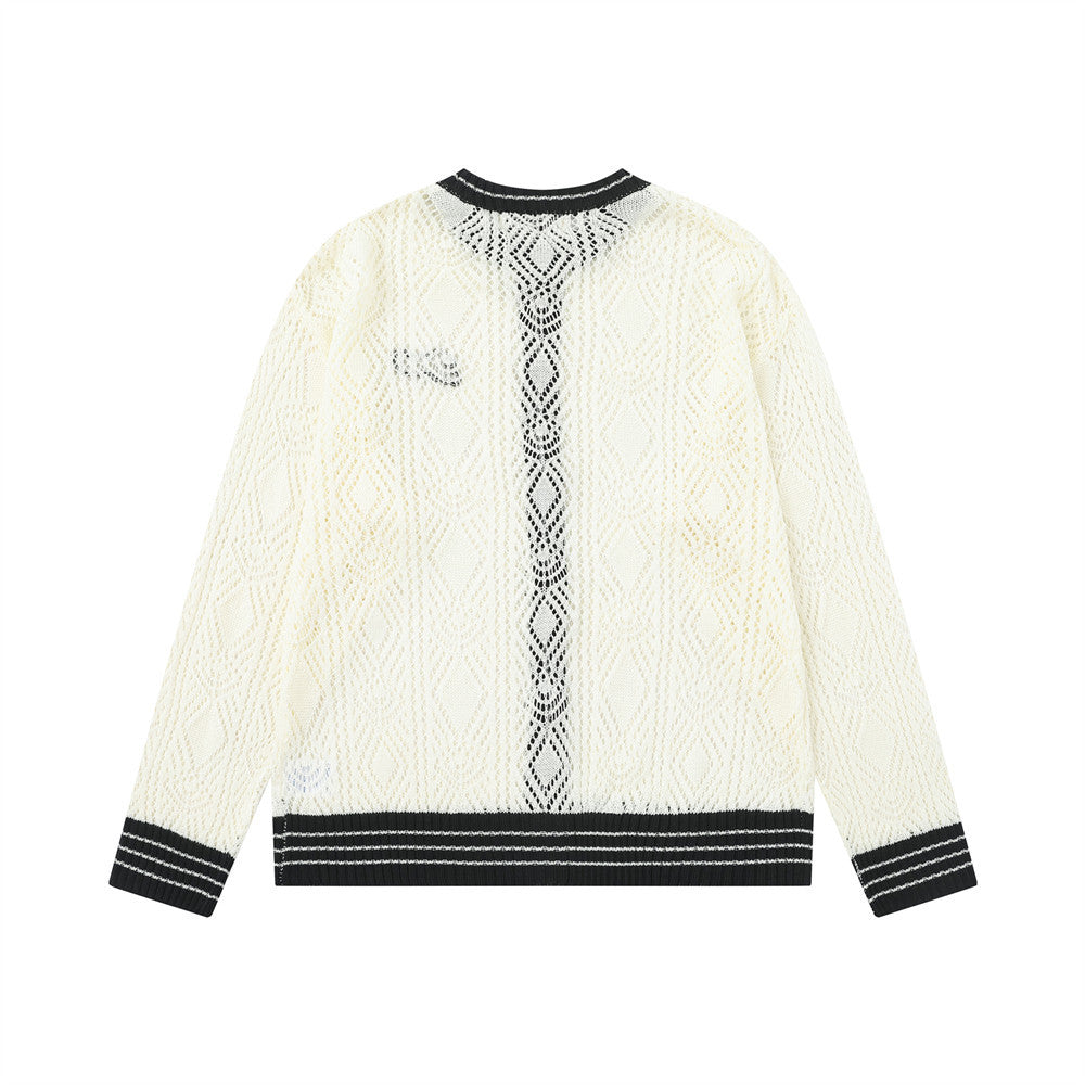 Cardigan en maille ajourée à col rond pour homme – Texture losanges, coupe décontractée