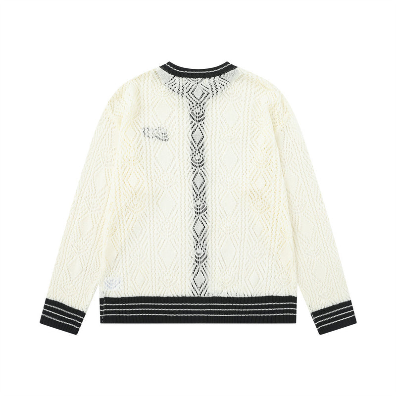 Cardigan en maille ajourée à col rond pour homme – Texture losanges, coupe décontractée