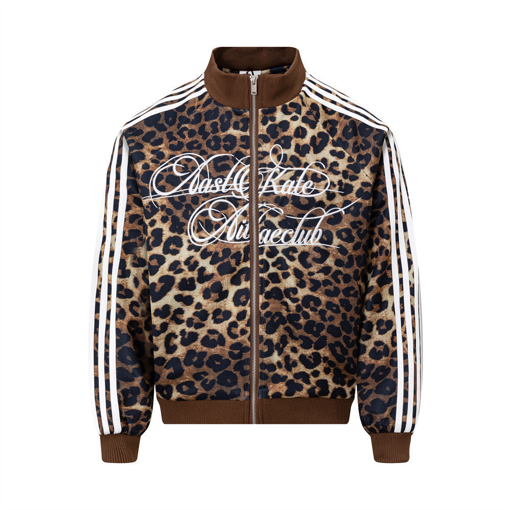 Leopard-Trackjacke – Oversized-Zip-up für Herren mit Schriftzug-Stickerei &