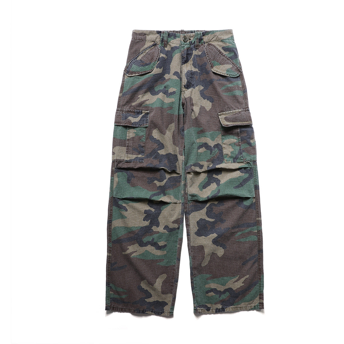 Woodland Camo Wide-Leg Cargo Pants – Washed Vintage Military Style