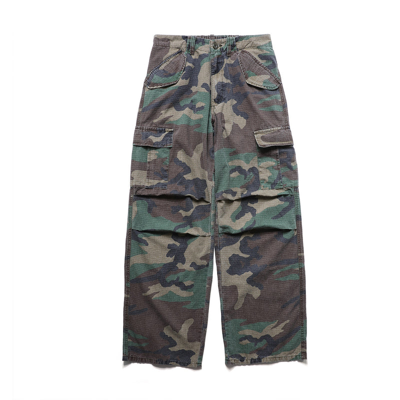 Woodland Camo Wide-Leg Cargo Pants – Washed Vintage Military Style
