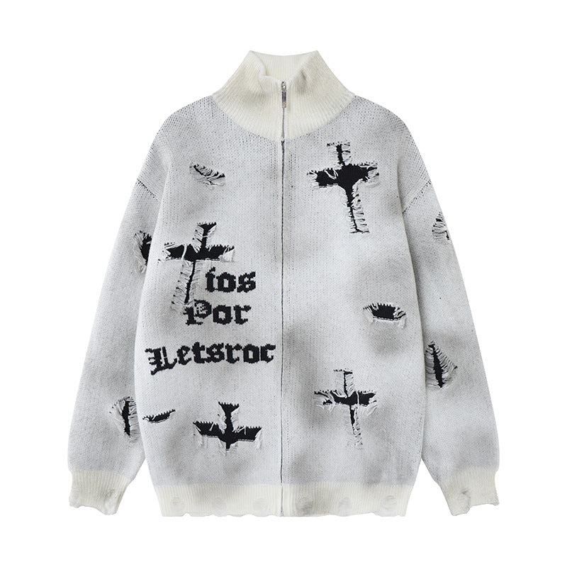 Distressed Cross Knit Cardigan mit Reißverschluss – Oversized Destroyed-Strickmode für