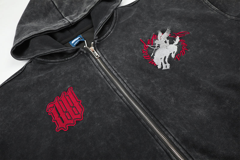 Acid Wash Zip-Up Hoodie with Camo Sleeves and Embroidered Graphic