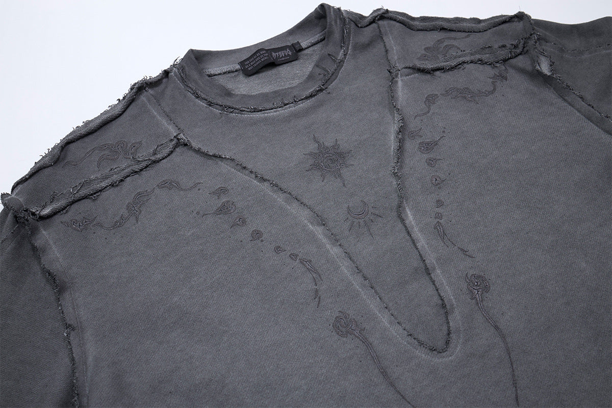 Long Sleeve Acid Wash Shirt with Celestial Print & Raw-Edge Seam Detail