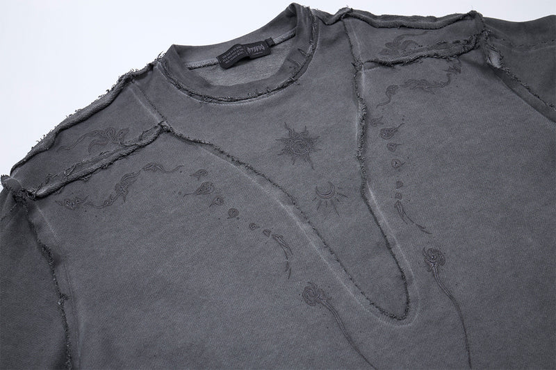 Long Sleeve Acid Wash Shirt with Celestial Print & Raw-Edge Seam Detail