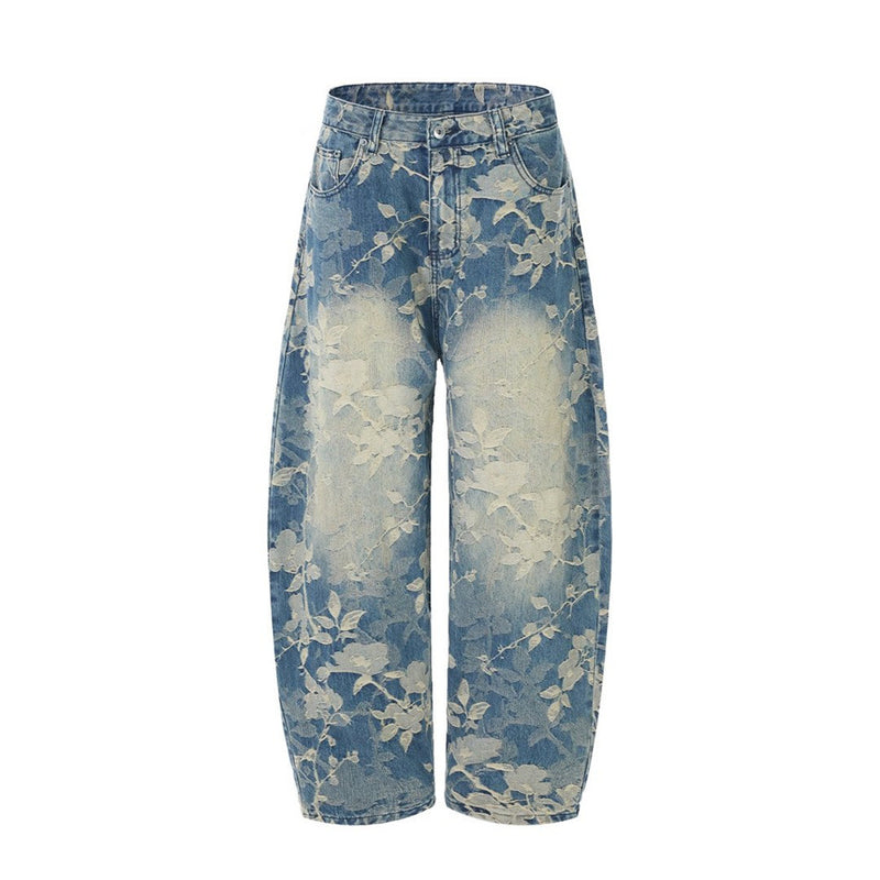 Floral Jacquard Wide-Leg Jeans – Vintage Washed Baggy Denim with Raised Flower