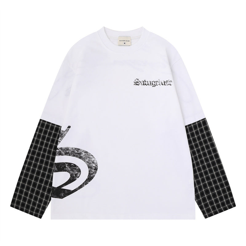 Savage Base Fake-Zweiteiler mit karierten Patchwork-Ärmeln – Oversized-Langarmshirt für Herren