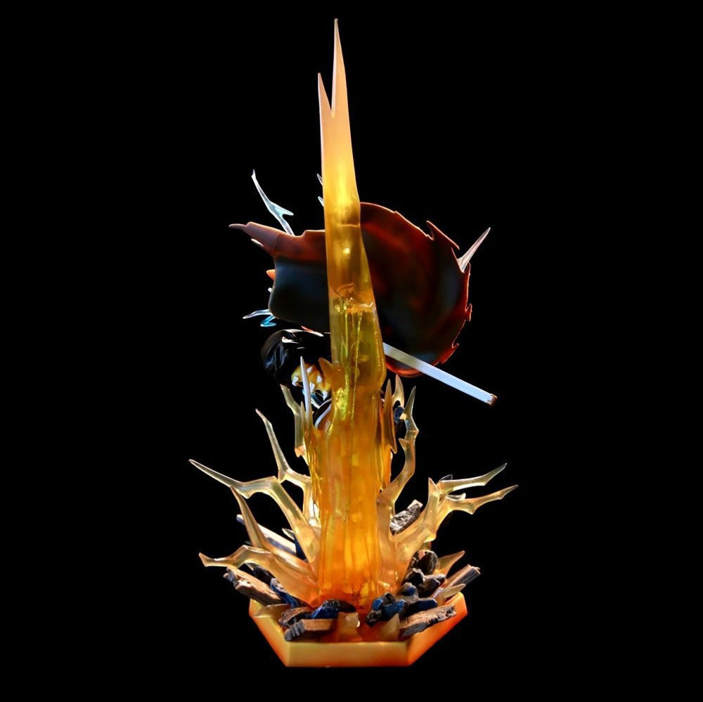 The Demon Slayer Rengoku Kyojuro Figure (350mm) features the Flame Hashira in dynamic pose with energy-like flames, translucent spikes, and a hexagonal light-up base against a black background. The high-quality PVC piece has illuminating eyes to enhance its dramatic presence.