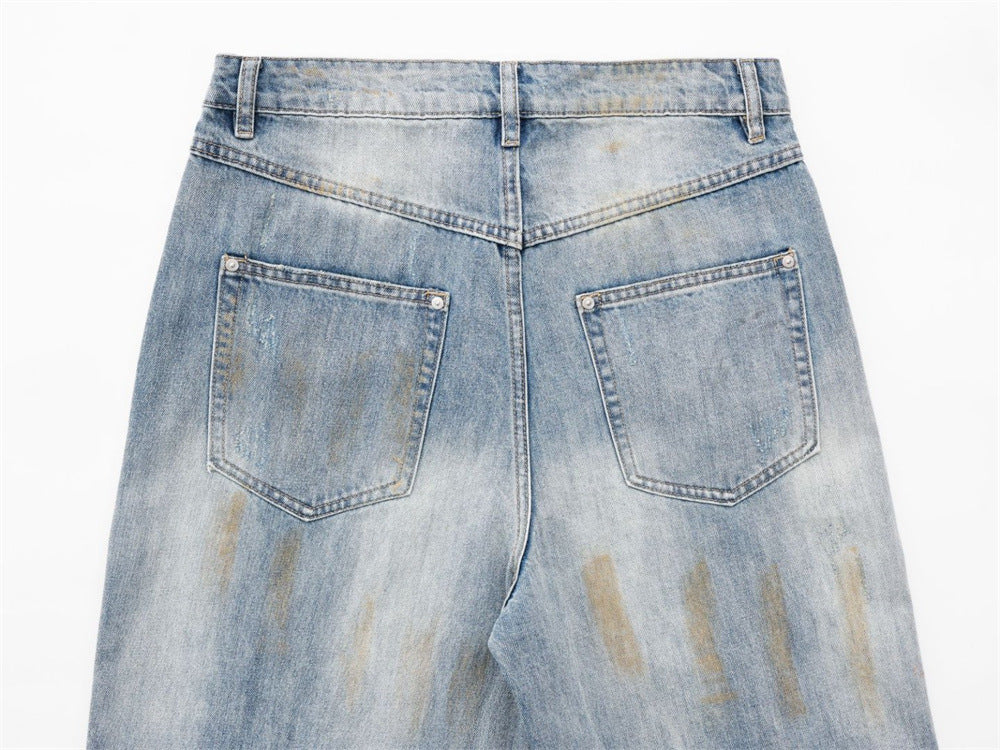 Ripped Wide-Leg Jeans – Men's Mud-Dye Distressed Straight Denim
