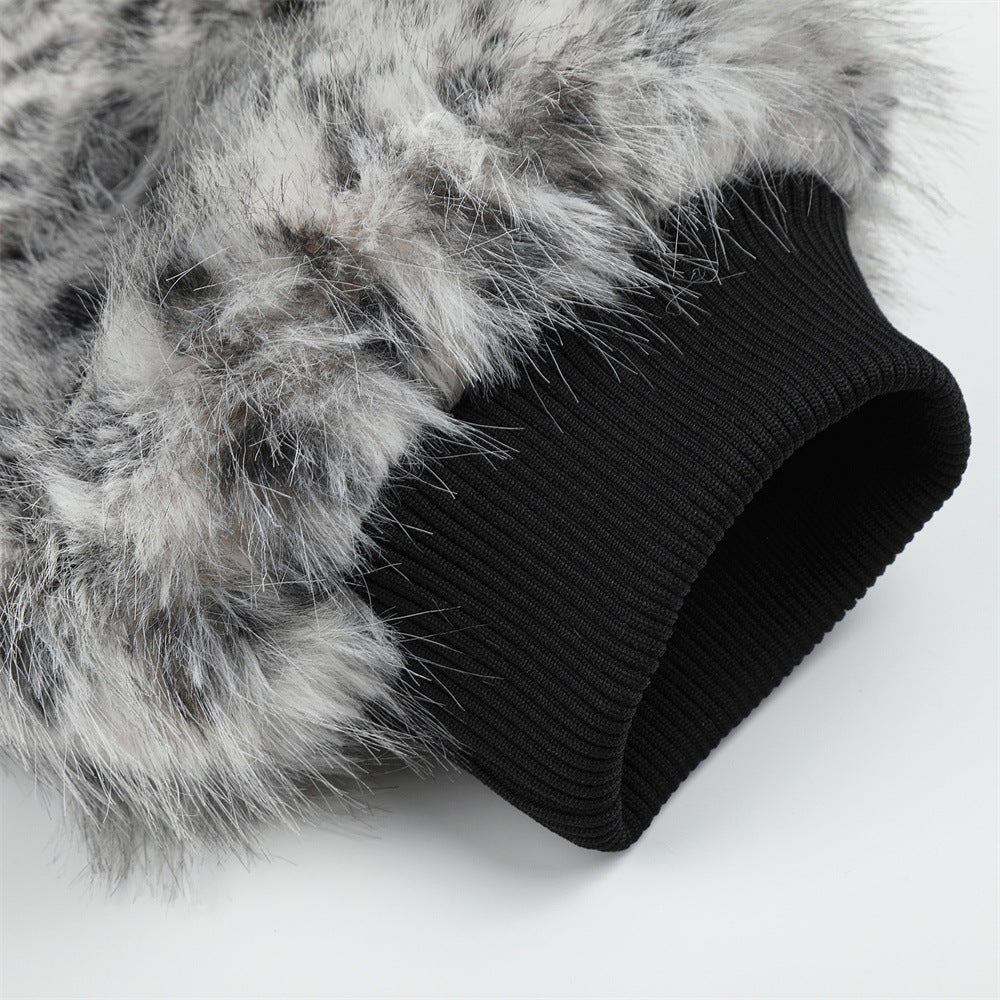 Faux Fur Leopard Print Bomber Jacket – Men's Oversized High-Collar Winter Coat
