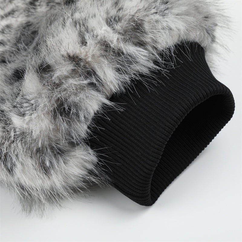 Faux Fur Leopard Print Bomber Jacket – Men's Oversized High-Collar Winter Coat