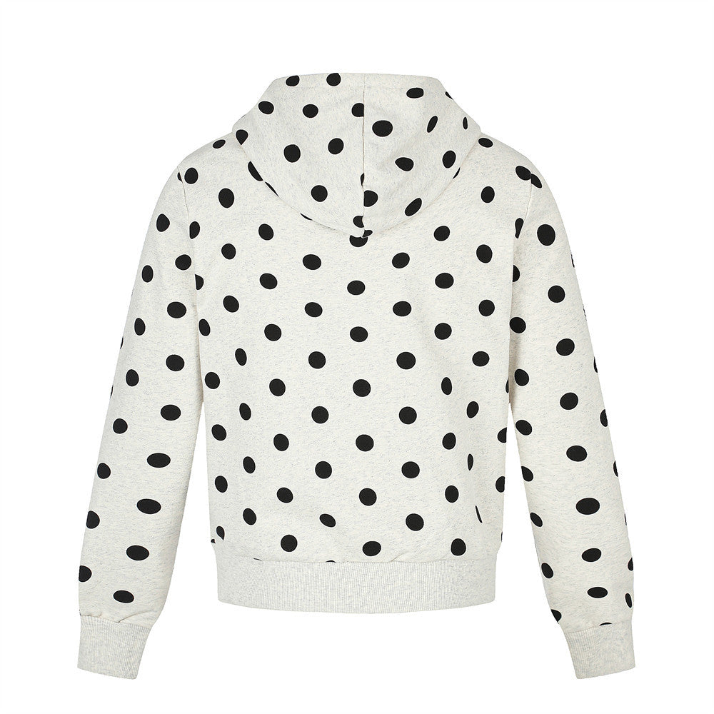 Polka Dot Zip-Up Hoodie with Embroidered Graphic – Cropped Streetwear Sweatshirt