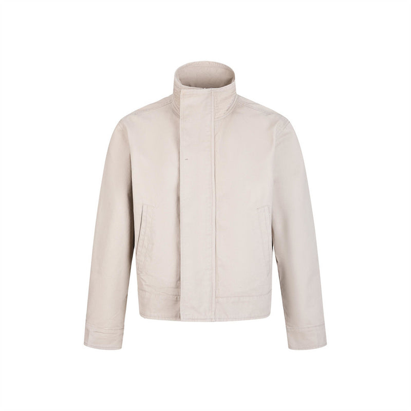 Men's Funnel-Neck Cropped Jacket – Solid Color Streetwear Harrington