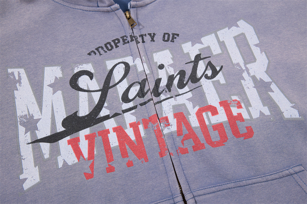 Vintage Graphic Zip-Up Hoodie – Distressed Letter Print, Spray-Dyed Oversized