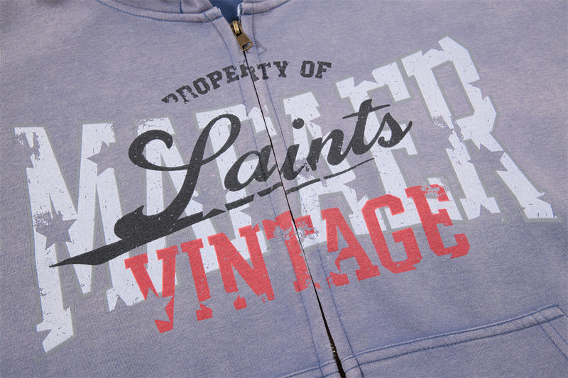 Vintage Graphic Zip-Up Hoodie – Distressed Letter Print, Spray-Dyed Oversized