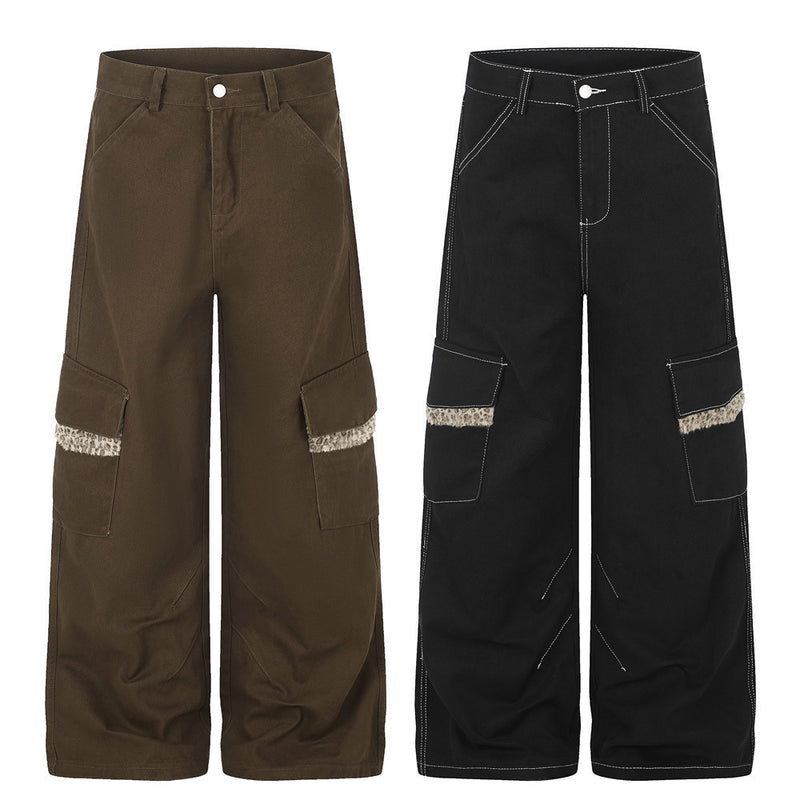 Men's Wide-Leg Cargo Pants with Leopard Fur Trim & Multi-Pocket Design