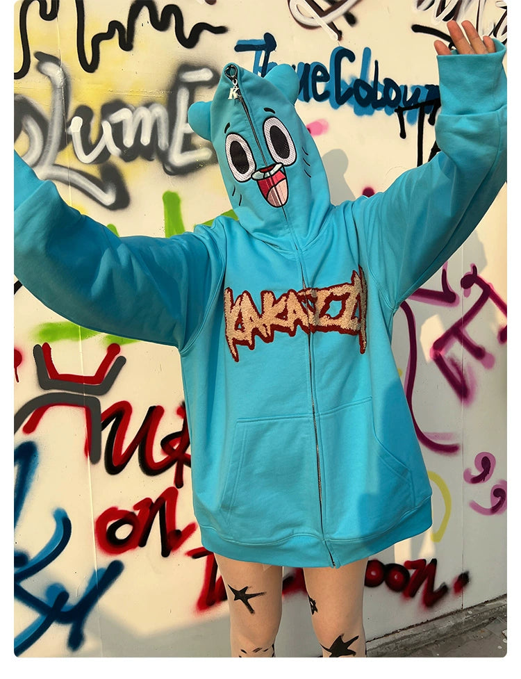 Adorable Blue Cartoon Hoodie - 400GSM Cotton with Playful Face Design