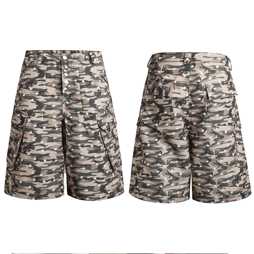 Camouflage cargo shorts with white polka dots shown front and back
