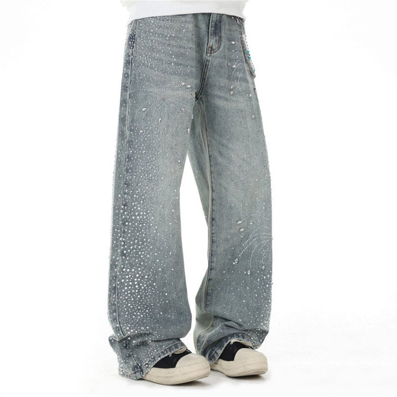 Men's Straight Leg Jeans with All-Over Rhinestone Embellishment – Wide Leg
