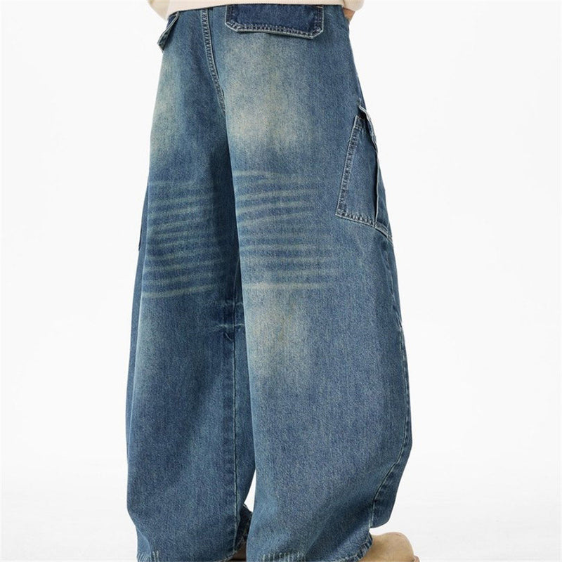 Baggy Wide-Leg Cargo Jeans – Men's Multi-Pocket Distressed Denim
