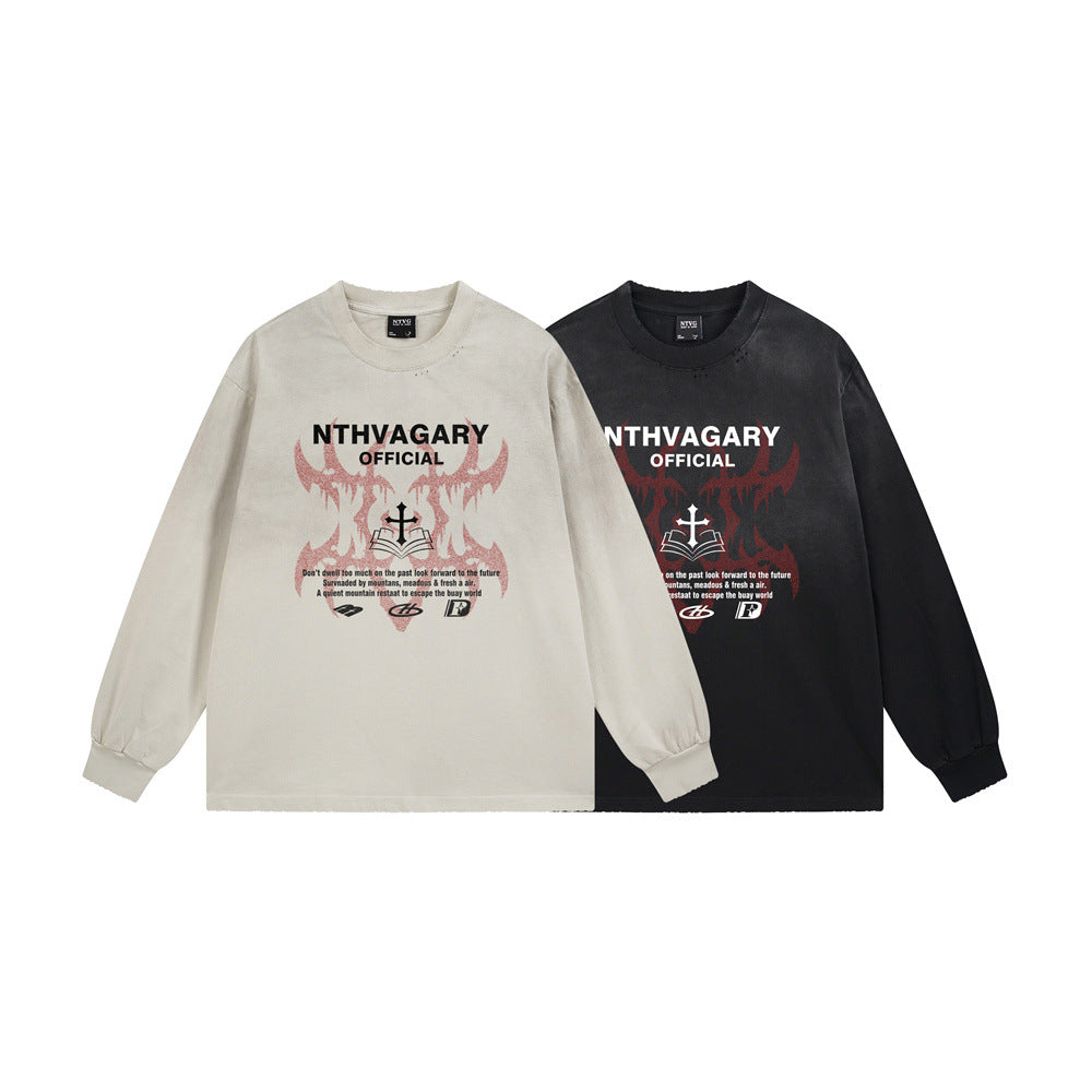 Long Sleeve T-Shirt with Cross & Flame Graphic, Distressed Washed Cotton