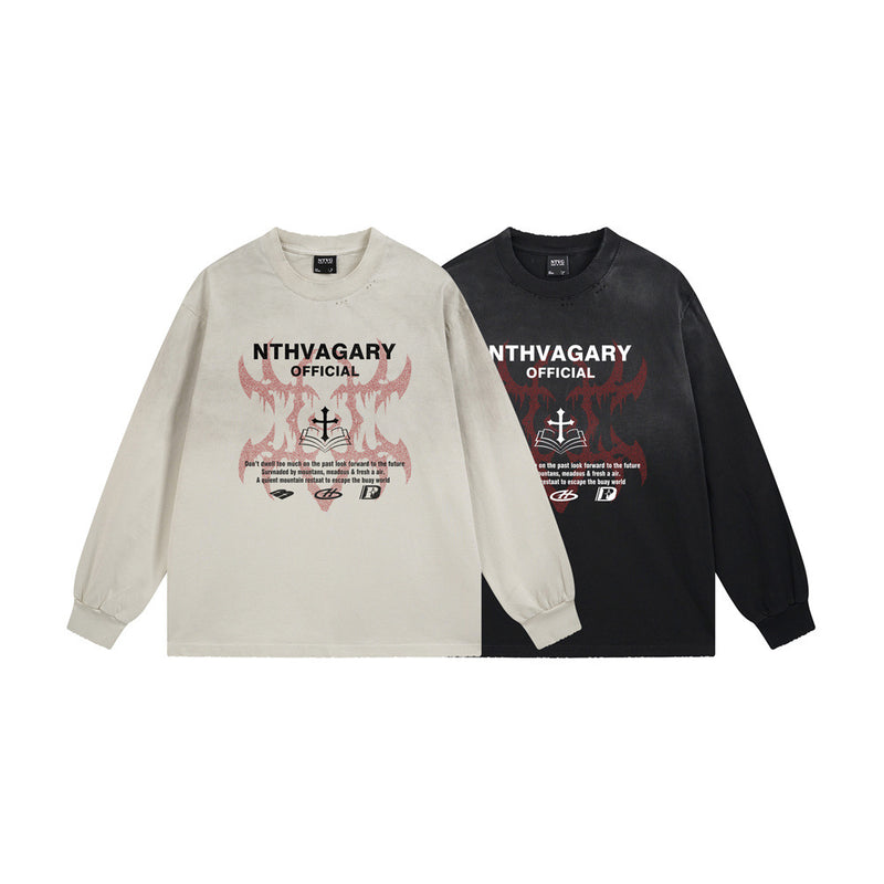 Long Sleeve T-Shirt with Cross & Flame Graphic, Distressed Washed Cotton
