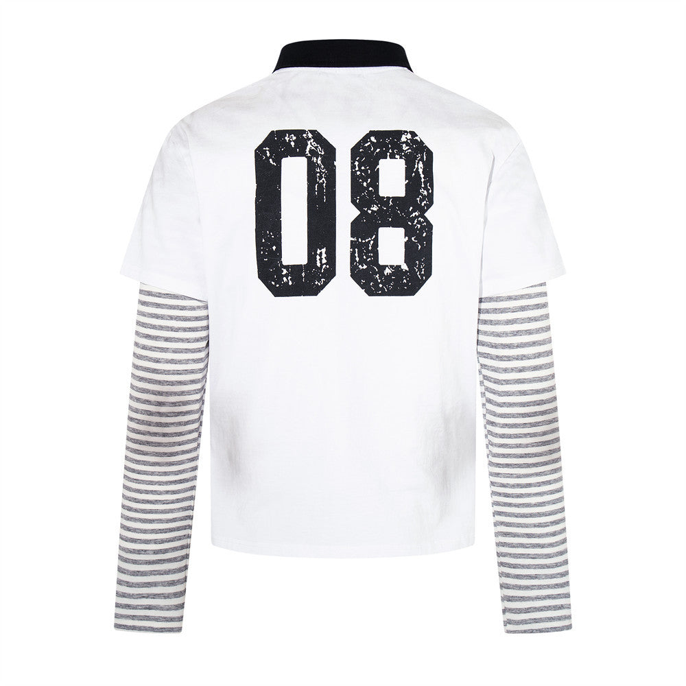 Men's Faux Two-Piece Polo Shirt with Striped Long Sleeves and Distressed Print