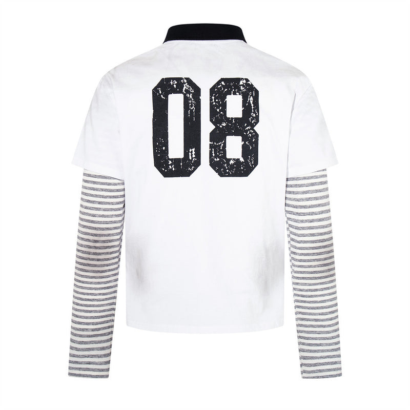 Men's Faux Two-Piece Polo Shirt with Striped Long Sleeves and Distressed Print