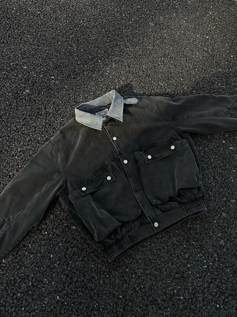 Blouson bomber homme en toile canvas délavée avec grandes poches cargo et col à boucle