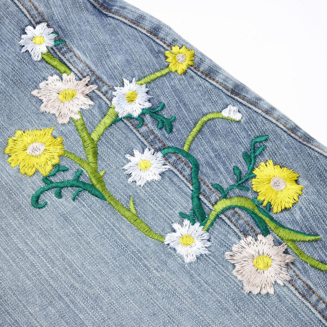 Floral Embroidered Wide-Leg Jeans – Men's Barrel Fit Washed Denim