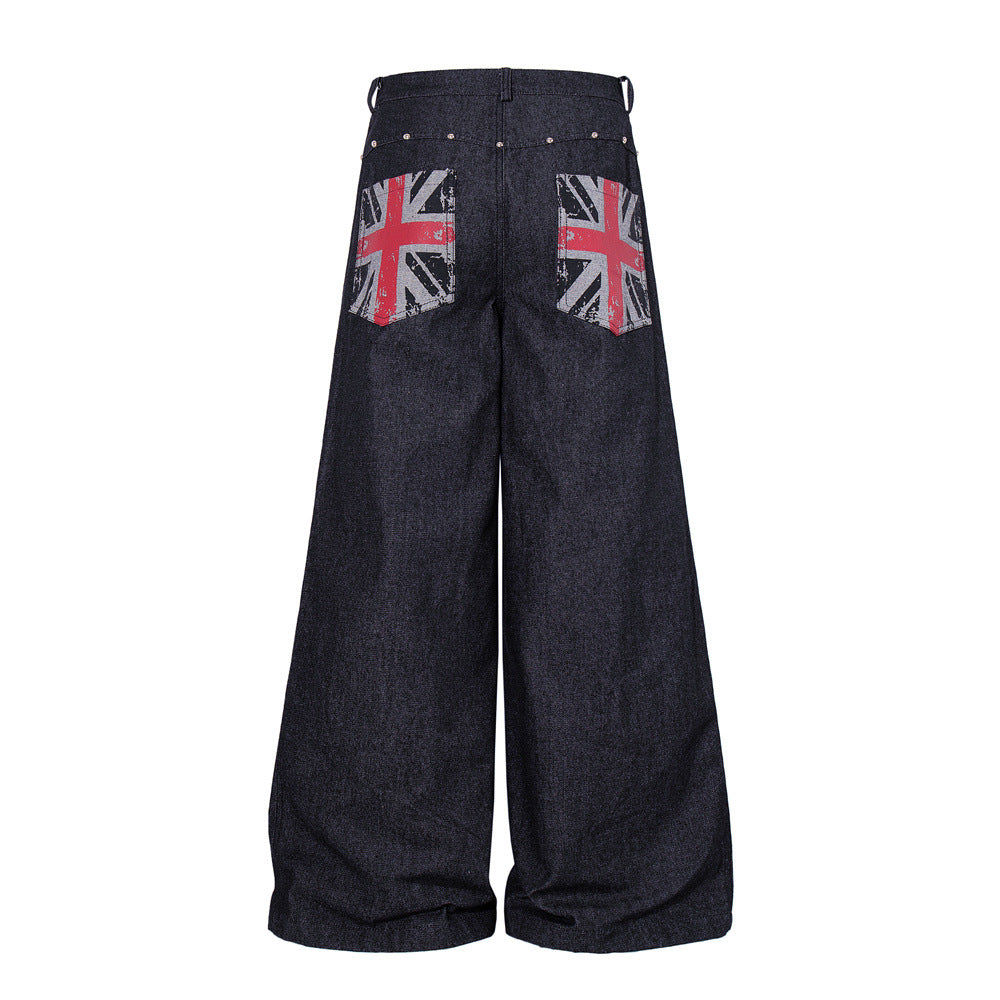 Wide-Leg Denim Jeans with Union Jack Print & Button Fly