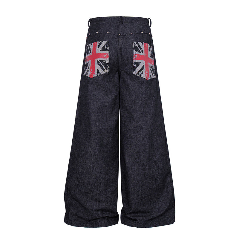 Wide-Leg Denim Jeans with Union Jack Print & Button Fly