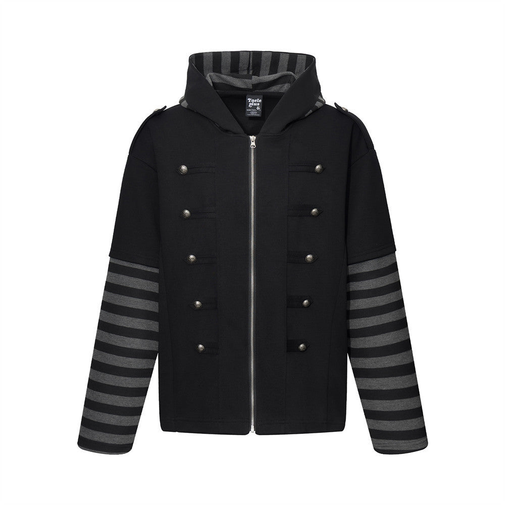 Veste sweat à capuche militaire gothique avec manches rayées et boutons croisés