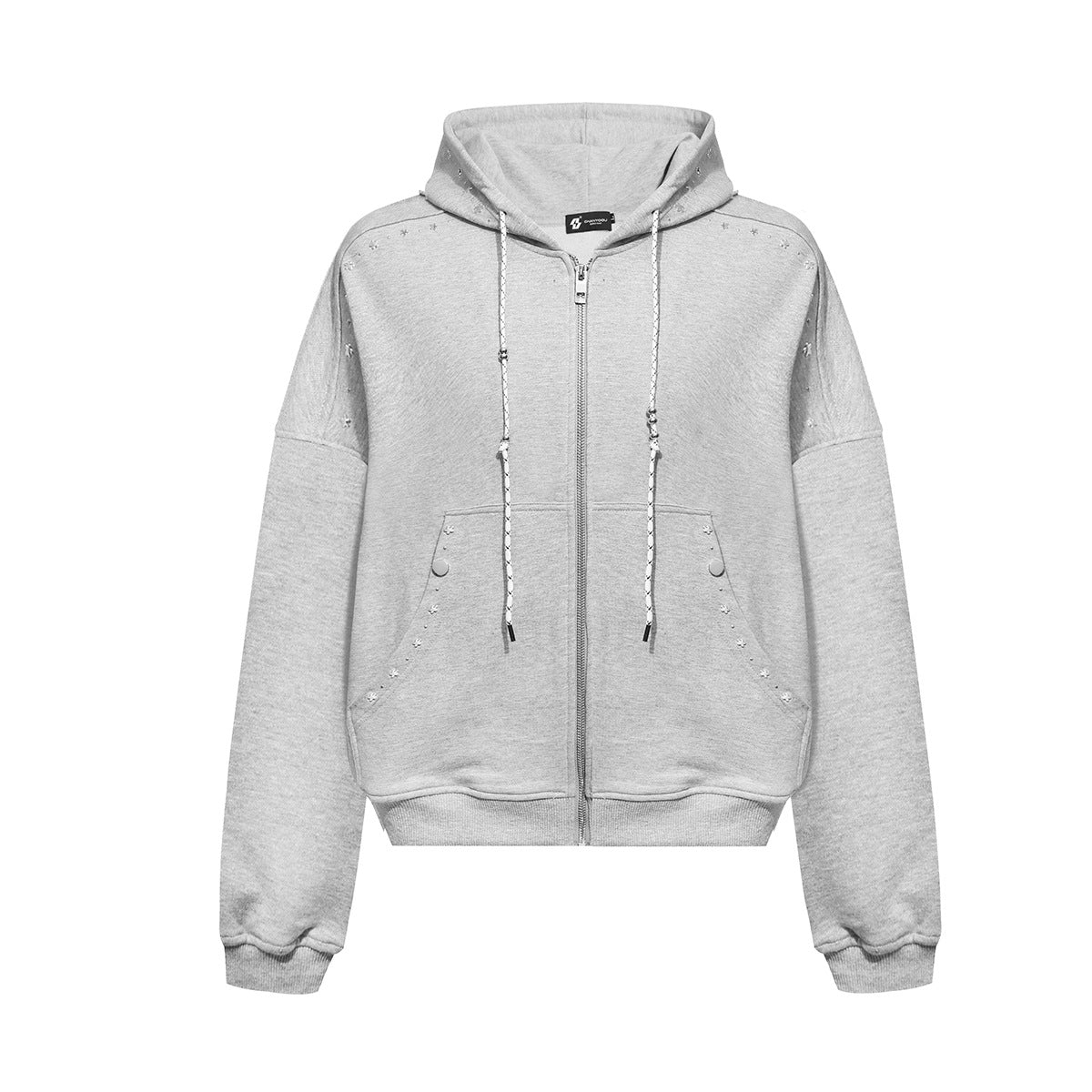 Oversized zip-up hoodie with star stud embellishments and braided drawstring in black and heather grey