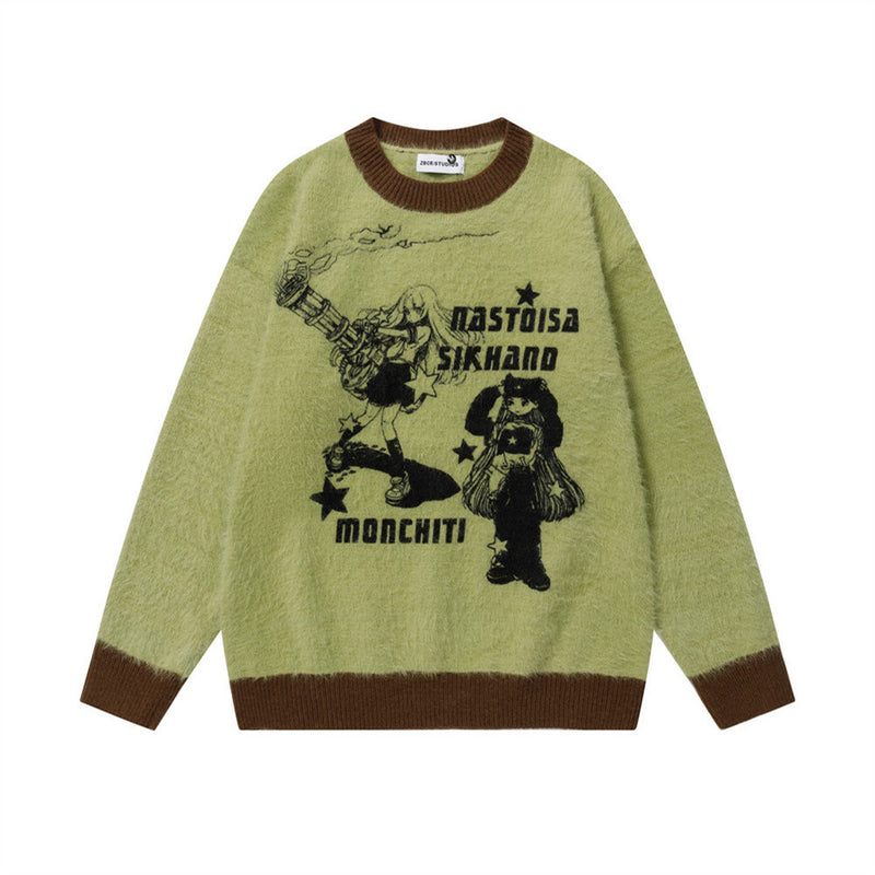 Anime Cartoon Print Crewneck Fuzzy Sweater – Oversized Color-Block Knit Pullover
