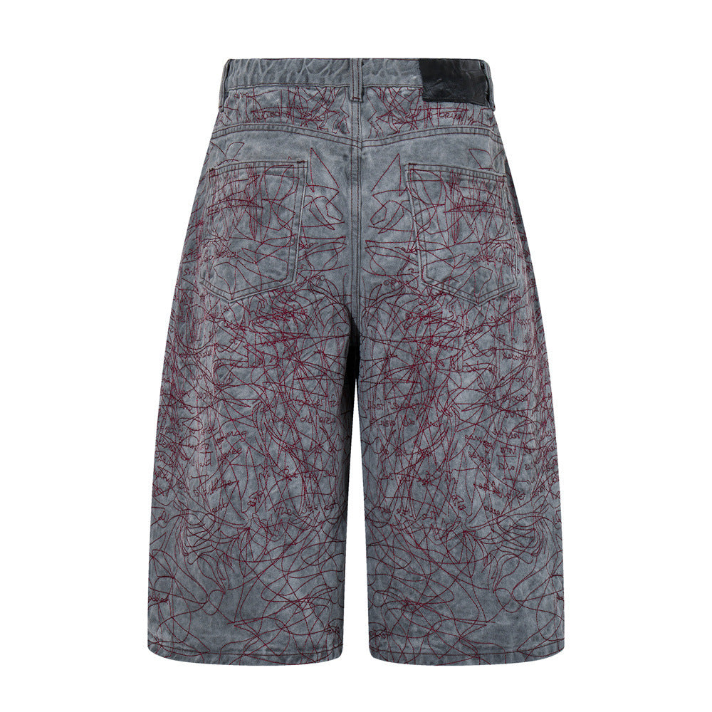 Wide-Leg Denim Shorts with All-Over Graffiti Embroidery – Punk Washed Grey
