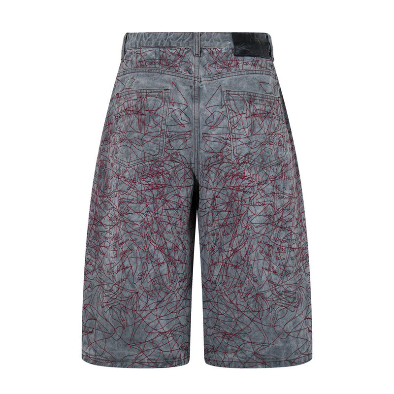 Wide-Leg Denim Shorts with All-Over Graffiti Embroidery – Punk Washed Grey