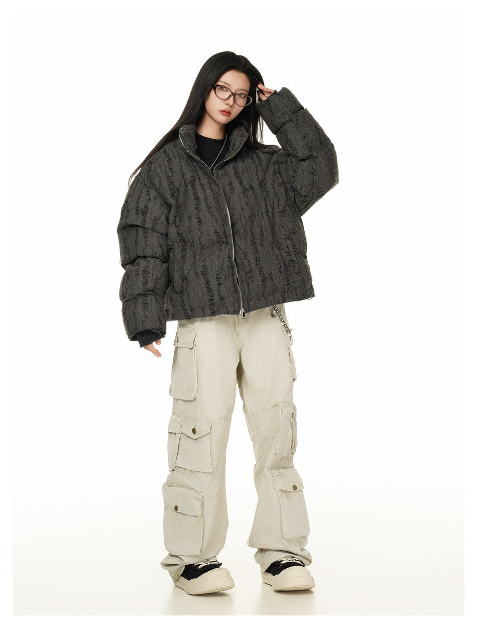 Distressed Texture Puffer Jacket Stand Collar Padded Coat