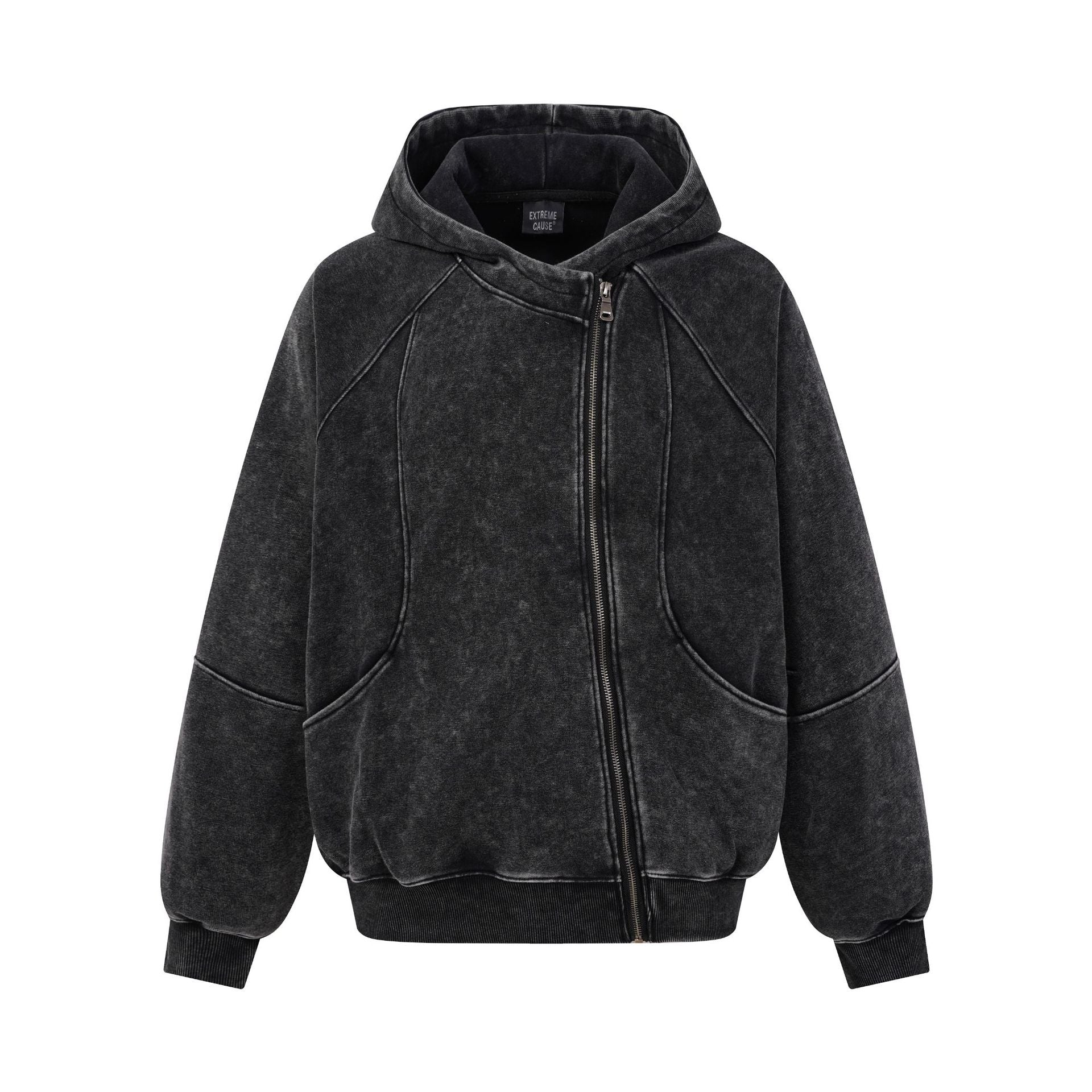 Oversized acid wash zip-up hoodie in washed black with deconstructed curved panel seaming and asymmetric zip closure