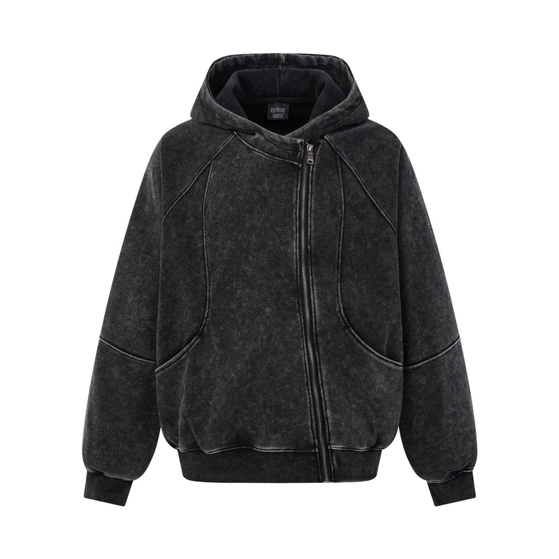 Oversized acid wash zip-up hoodie in washed black with deconstructed curved panel seaming and asymmetric zip closure