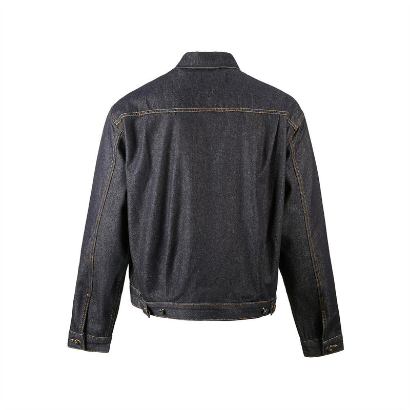 Men's Dark Indigo Denim Jacket with Metal Buckle Pleated Front Detail
