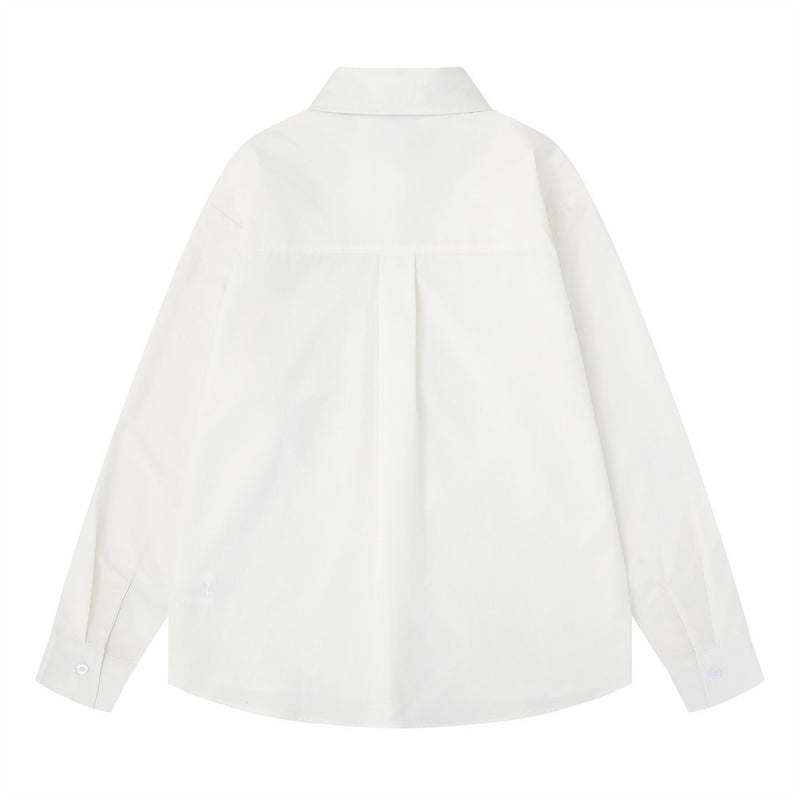 White oversized long sleeve button-down shirt back view with pleated yoke and curved hem