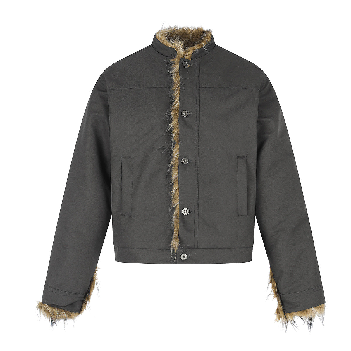 Faux Fur Trim Padded Jacket with Stand Collar & Button Front