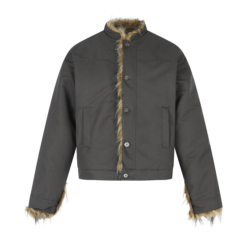 Faux Fur Trim Padded Jacket with Stand Collar & Button Front